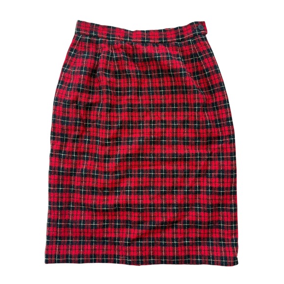 Pendleton Wool Skirt Womens 2P Red Black Plaid Vintage Tartan =Pencil Midi 1980s - Picture 1 of 7